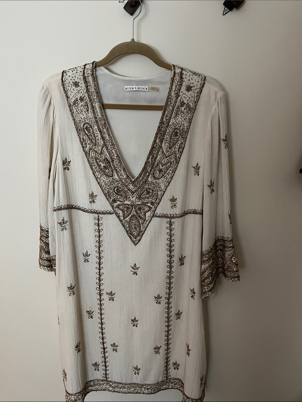 Alice + Olivia Cream Tunic Dress with Gold Beaded Embellishment